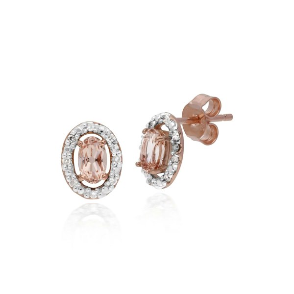 135E1451019-135P1745019 Classic Oval Morganite & Diamond Halo Stud Earrings & Pendant in 9ct Rose Gold 2