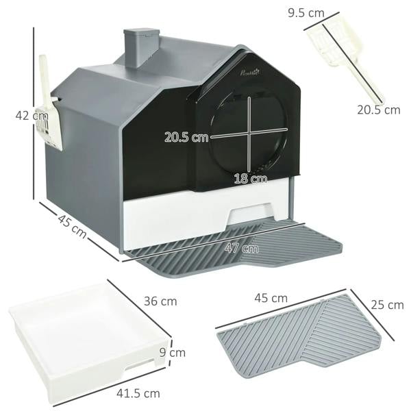 Grey hooded cat litter box with tray and base ramp shown with size layout.