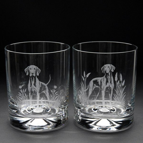 Glyptic Glass Art Hungarian Vizsla Dog Whiskey Tumbler Glass - Hand Etched/Engraved Gift