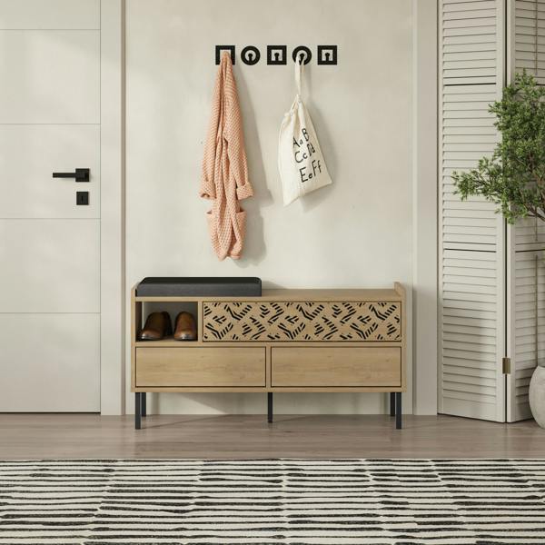 Decortie Heaton Shoe Bench w/ Fabric Cushion Seat 3-door Storage Cabinet 111(W)x37(D)x56.5(H)cm Metal Legs Hallway