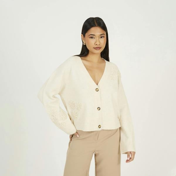 Brave Soul Stone Floral Embroidery V-Neck Cardigan - Stone Image 1