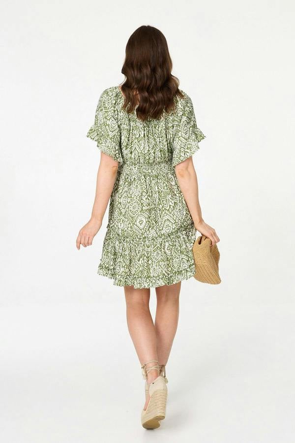 Green | Printed 1/2 Sleeve Short Smock Dress
