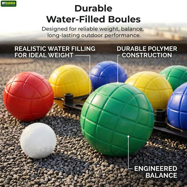 My Garden Outdoor Living French Boules Set 8x Plastic Bocce Balls, 1x Jack & 1x Carry Case - Water Filled Petanque Boules Set for Garden Game, Beach