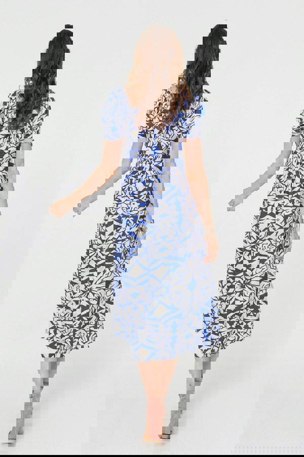 Blue | Printed Puff Sleeve A-Line Midi Dress
