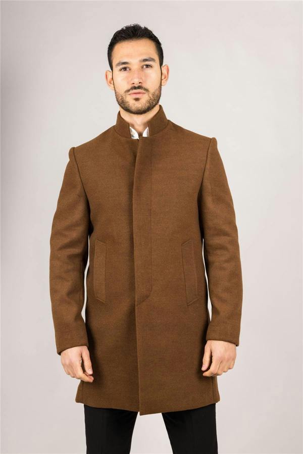 Infinity Leather Men's Brown Stand Collar Wool Blend Overcoat