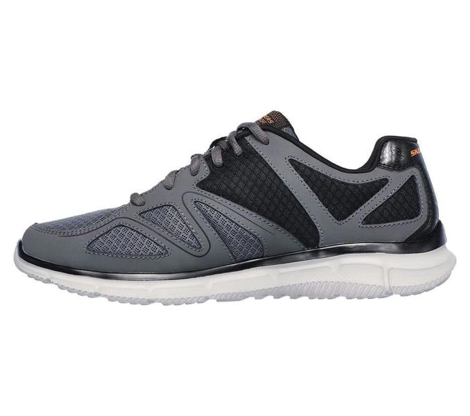 Skechers Verse-Flash Point Men's Sports Gym Walking Lace Up Trainers, grey and black athletic sneakers with breathable mesh and cushioned sole.