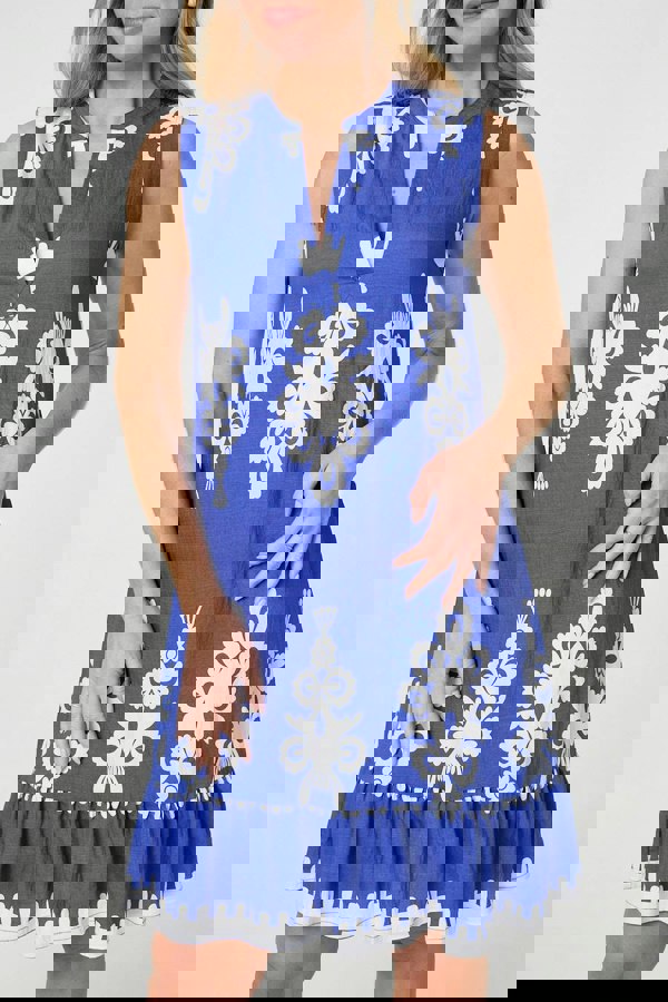Blue | Ikat Print Sleeveless Short Shift Dress
