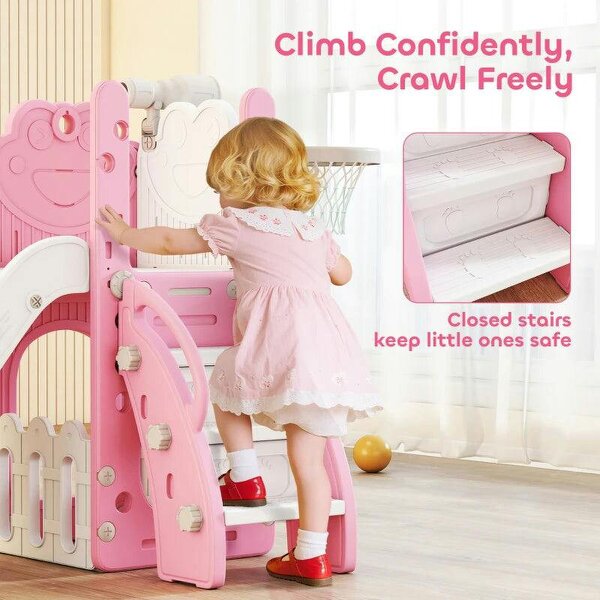 5 in 1 Kids Slide Set with Basketball Hoop, Climbing Frame, Telescope, Storage Box for Toddlers Ages 1-3, Pink