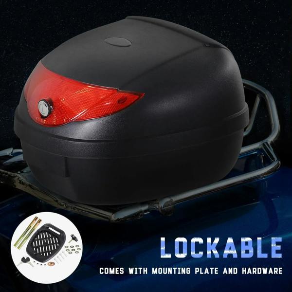 Black hard motorcycle trunk with red tail light and mounting plate icon
