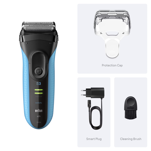 Braun Series 3+ 3040S Electric Shaver, Precision Trimmer, Wet & Dry - Blue
