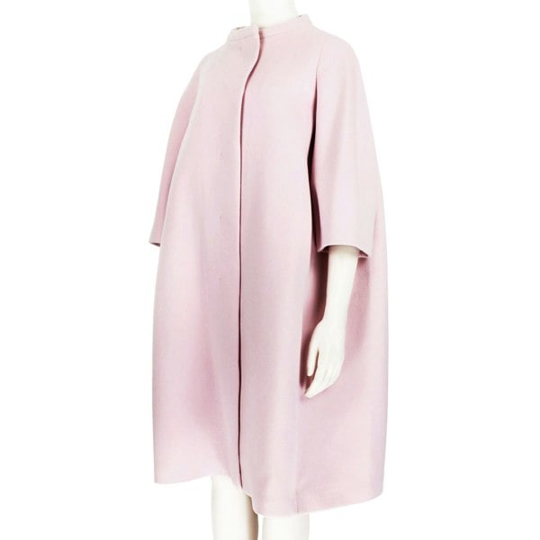 Jil Sander collarless cocoon coat in a luxurious pastel pink wool fabric