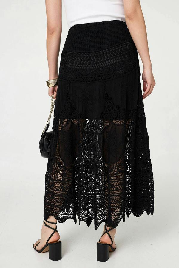 Black | Floral Crochet Mesh Layered Maxi Skirt