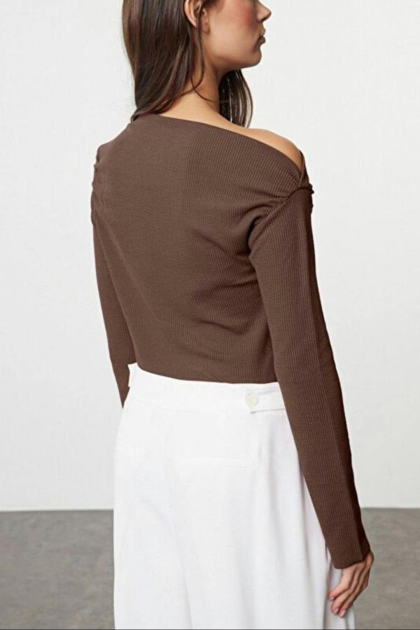 WOVCOR Draped Boat Neck Asymmetrical Long Sleeve Knit Blouse