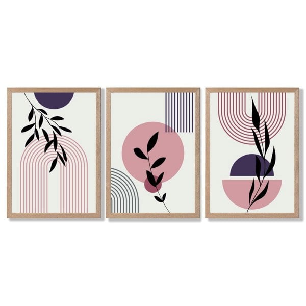 Set of 3 Pink and Purple Boho Floral Arches Framed Art Prints with Light Oak Frames
