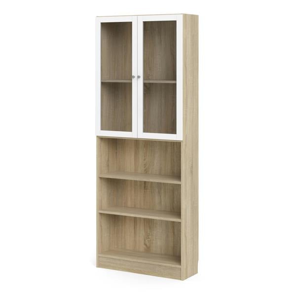 Furniture To Go Basic Tall Wide Display Cabinet in Oak (4 Shelves) with 2 Glass White Doors
