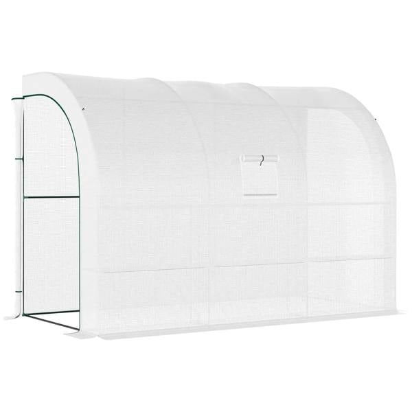 White walk-in greenhouse with arched PE cover and open zippered door frame