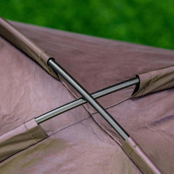 Brown elevated pet cot close-up with reinforced stitching and metal crossbars