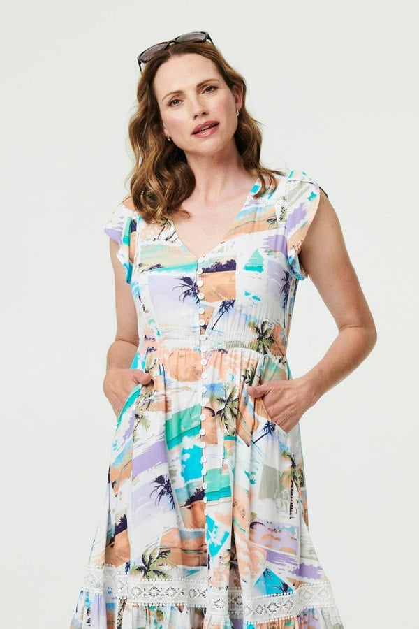 White | Patchwork Print Lace Knee Length Dress
