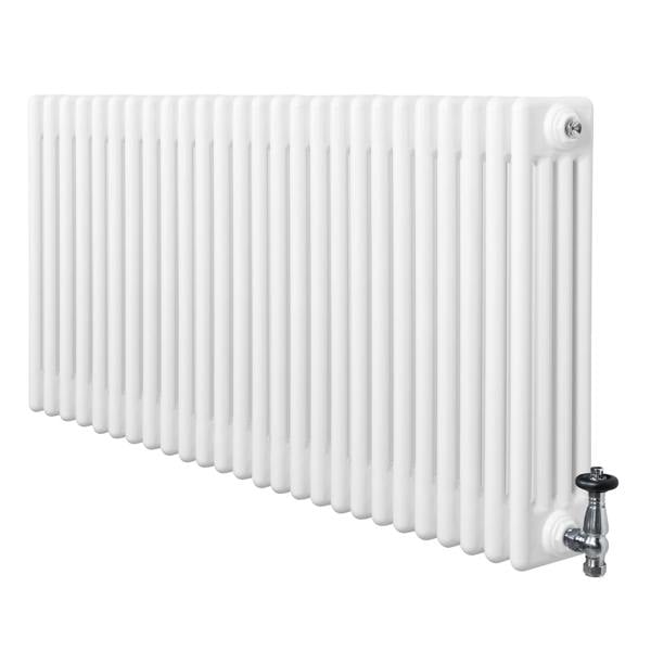 Traditional white 4 column radiator with a sleek design, featuring smooth surfaces and a chrome valve for efficient heating