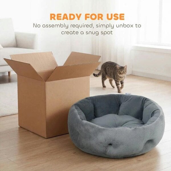 Cat Bed, Reversible Dog Pet Bed for Indoor Cats and Small Dogs, Round Bed with Supportive Bolster, Dark Grey