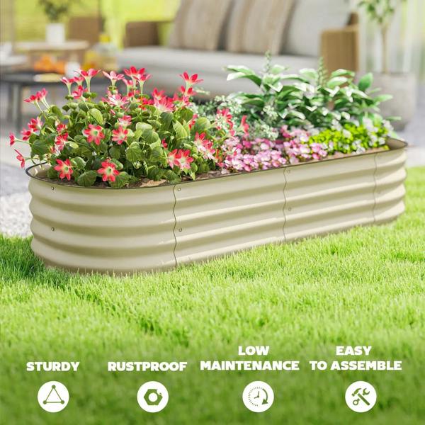 Cream white raised metal planter bed with ribbed sides, planted with flowers