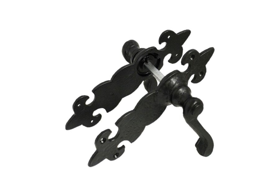 EDH Door Hardware Black Cast Iron Fleur-de-Lys Lever Door Handles Antique Latch Handles+Latch Sets
