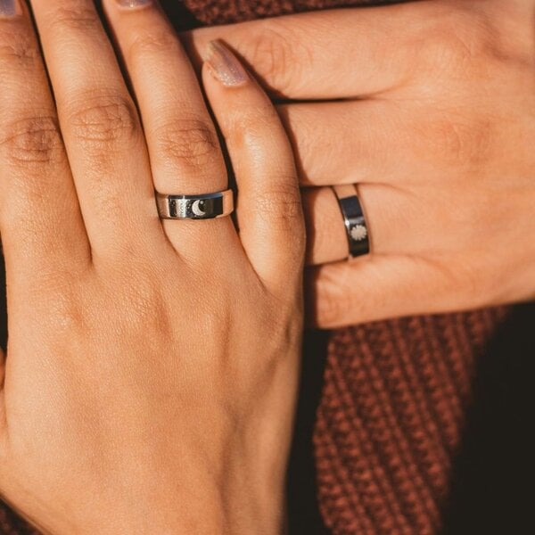 The Colourful Aura Stainless Steel Silver Couple Moon and Sun Matching Promise Ring Set