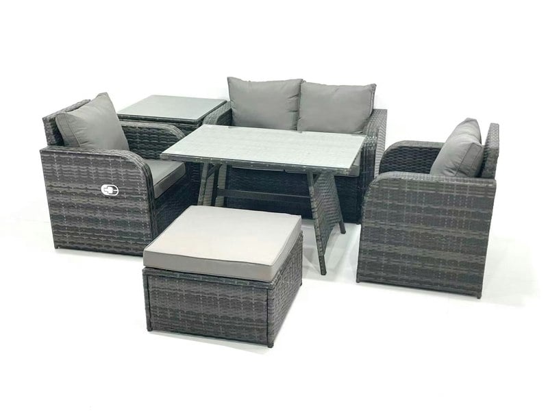 Fimous Outdoor Garden Furniture Set Rattan Sofa Dining Table Set with Reclining Chair Side Table Big Footstool Dark Grey Mixed