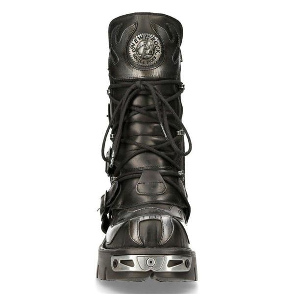 New Rock Flame Accented Black/Silver Leather Biker Boots- 107-S2