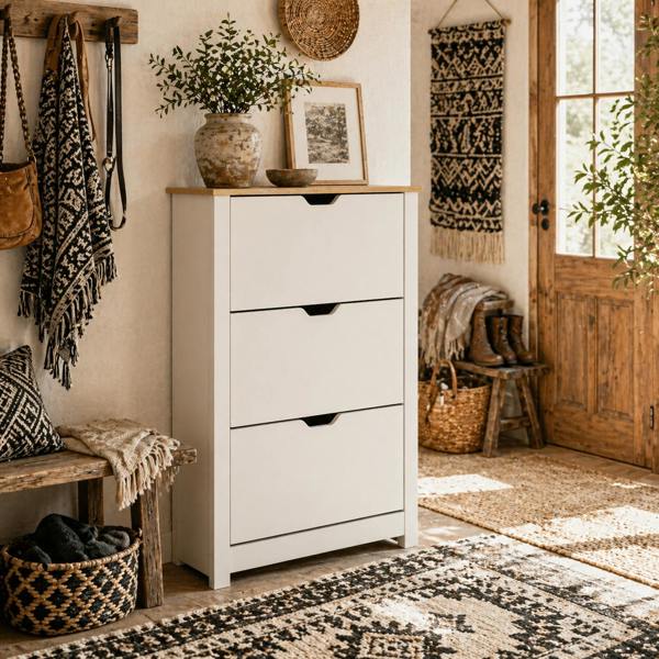 Wyld Haus Rokeha Wooden White and Natural Narrow Shoe Cupboard With 3 Flip Drawers For 18 Pairs