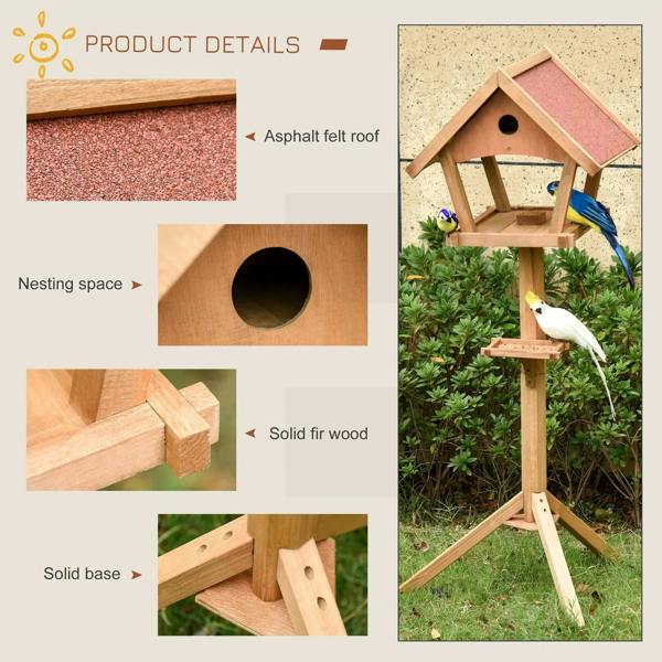 Wooden bird feeding station with asphalt felt roof and circular entrance opening
