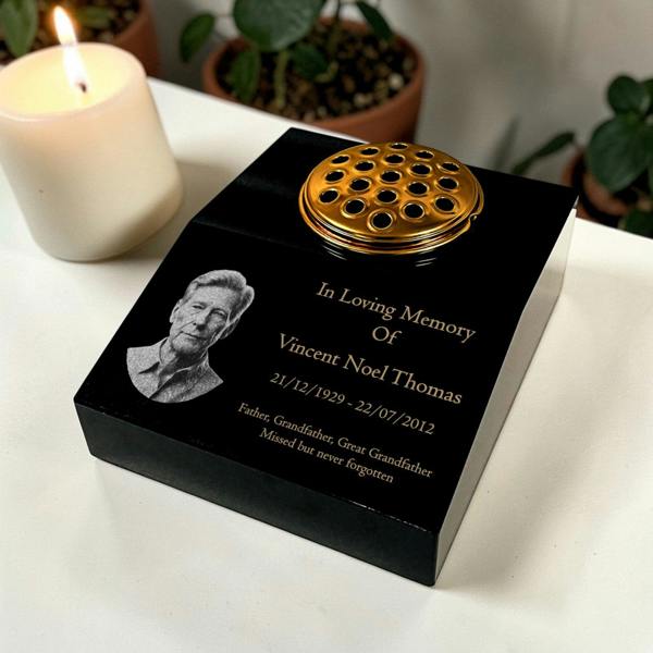 Memorials Direct Black Granite Sloping Memorial Desk with Vase Engraved Photo Free Gold Engraving