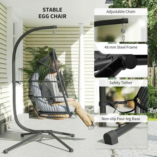 Bobobiy Rattan Hanging Egg Chair with Stand, Foldable Wicker Swing Egg Chair with Cushion, Steel Frame, Hammock Chair, Capacity 150 kg, Dark Grey