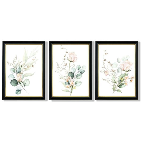 Pink Floral Roses Set of 3 Framed Art Prints with Vermeer Black and Gold Frames