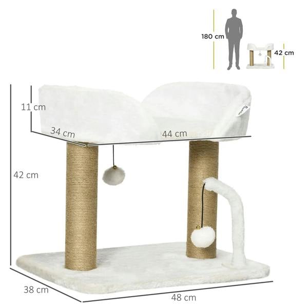White indoor cat tree with plush perches and jute posts, shown with size dimensions