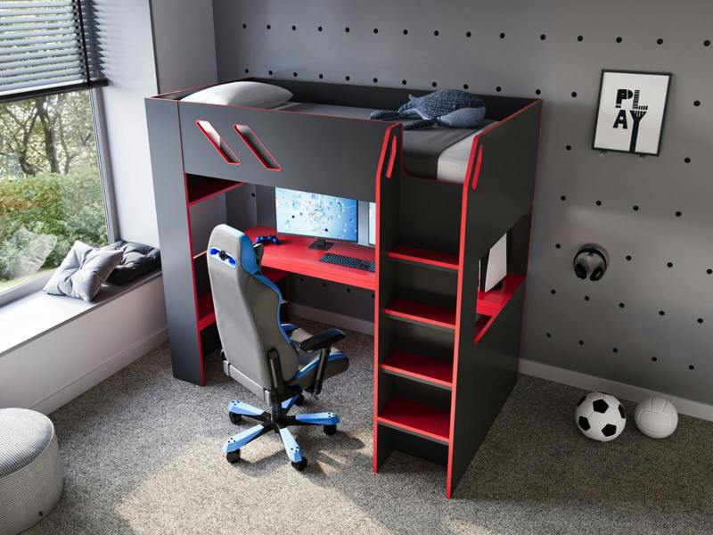 Recoil Orbit Gaming High Sleeper with Adjustable Height Desk Black & Red