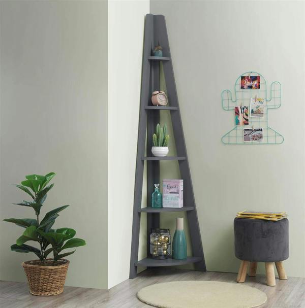 Timber Art Design Riva Scandinavian Retro 5 Tier Corner Ladder Bookcase Shelf Unit