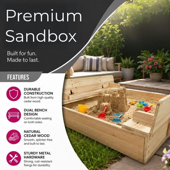 Neo Outdoor Wooden Kids Sandbox Sandpit Folding Bench Lid