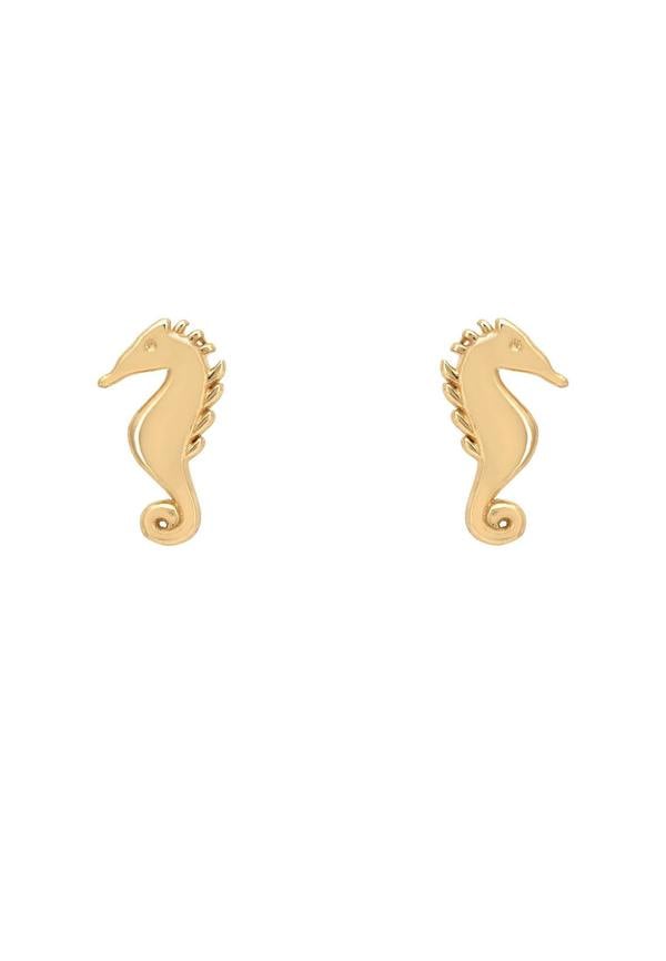Gold seahorse-shaped earrings on a white background