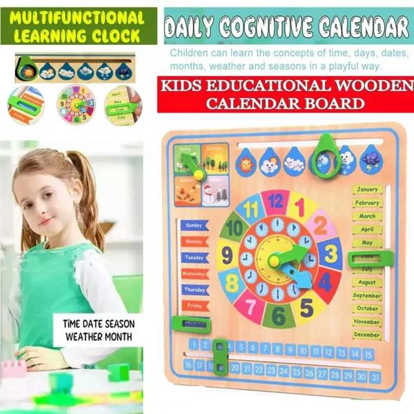 ATEK Kids Wooden Learning Calendar Board Days Months Seasons Clock