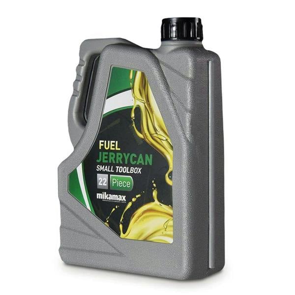 A closed, upright grey plastic novelty toolbox shaped exactly like a fuel jerrycan, isolated on a clean white background. The front panel features a green, black, and yellow label that reads 'FUEL JERRYCAN SMALL TOOLBOX 22 Piece mikamax'.