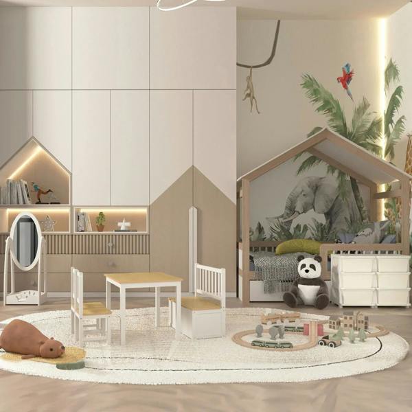 Kids chair and table set with storage bench, beige tabletop and white slatted chair backs