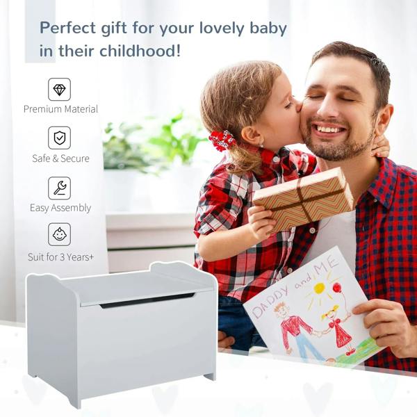 Grey kids toy box storage chest next to a family gift scene with open lid.