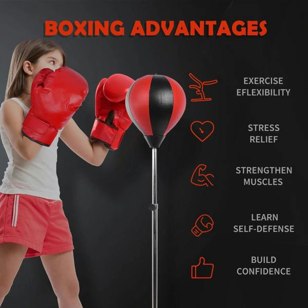 Red-and-black inflatable punching ball with boxing stand for home training