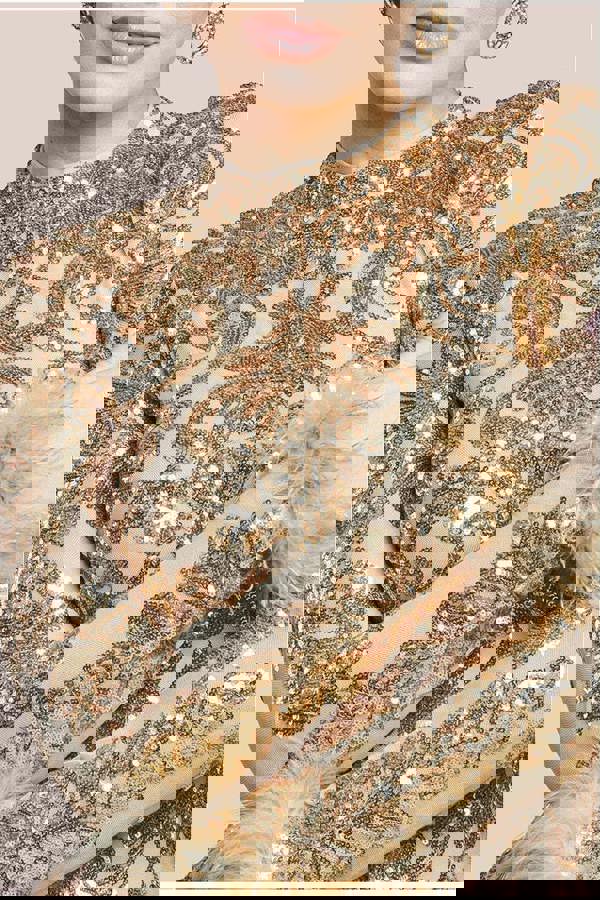 Sequin High Neck Feather Cuff Maxi Dress - Gold DR3984