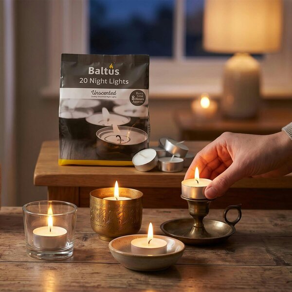 Baltus Unscented Tealight Candles, Pack of 20, Up to 8 Hour Burn Time