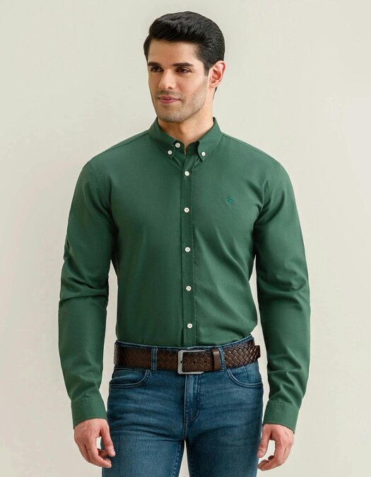 Men's Dark Green Long Sleeve Button Down Casual Shirt