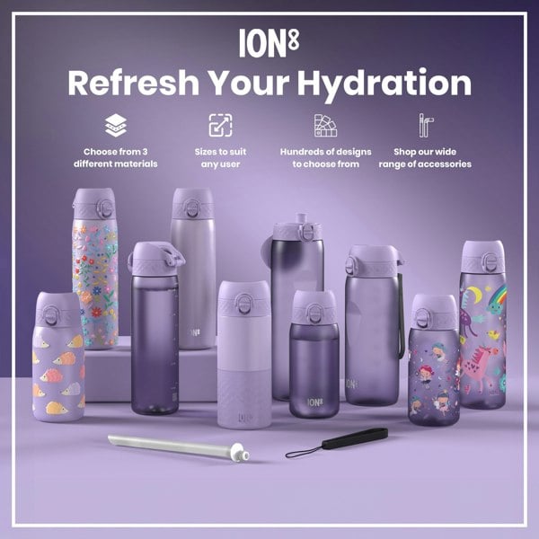 Several purple water bottles, various sizes and designs, are displayed on a purple surface; a straw and carrying strap are also shown. ION8 branding is visible. Choose from 3 different materials. Sizes to suit any user. Hundreds of designs to choose from. Shop our wide range of accessories.