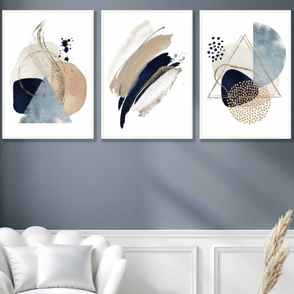 Artze Wall Art Set of 3 Abstract Beige Blue and Gold Framed Prints