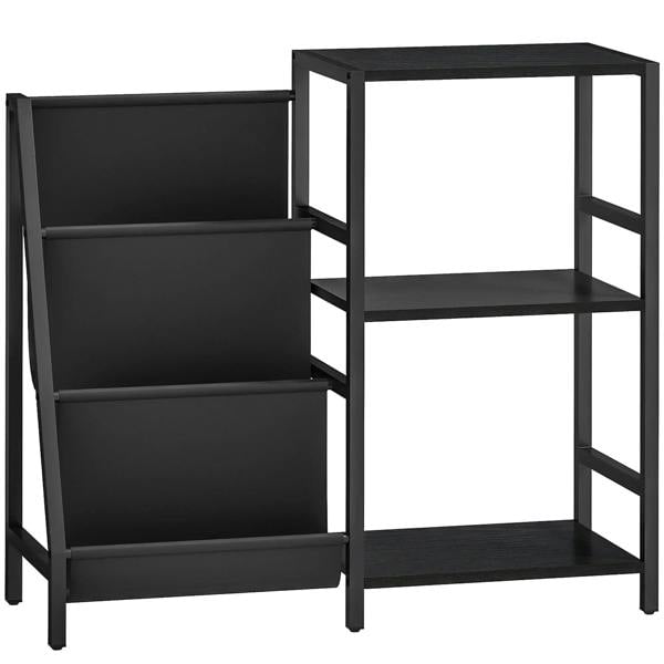 Black 3-tier record player stand with open shelves and side cabinet panel